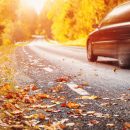 Car on the autumnal asphalt road in countryside